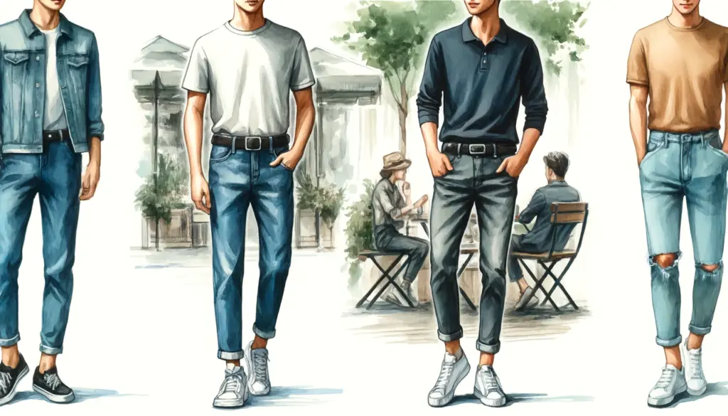 Here's a watercolor painting that showcases two casual yet stylish looks with tapered-fit jeans. One figure is dressed in tapered-fit jeans paired with a simple T-shirt and sneakers, perfect for a relaxed day out. The other figure sports the jeans with a polo or lightweight sweater, elevating the look for a slightly more upscale occasion. Both settings—whether a park or an urban café—highlight the versatility and effortless cool of the outfits.