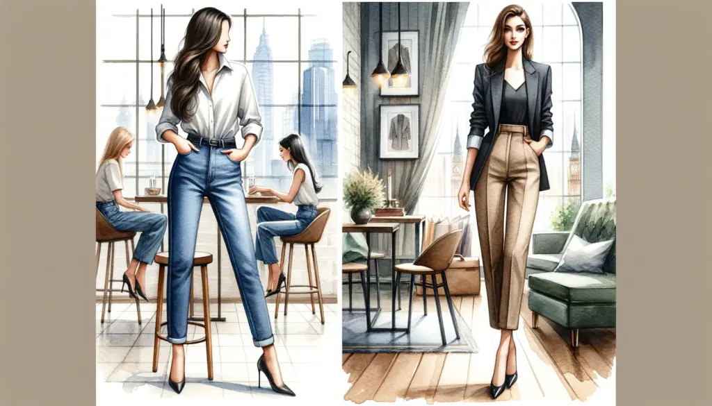 Here is the watercolor painting that illustrates the fashionable versatility of tapered fit styles for women. The scene features two figures: one dressed in high-waisted tapered fit jeans paired with a tucked-in blouse in a casual chic setting, and the other in a more formal outfit, wearing tapered trousers with a blazer and heels. Each setting is designed to reflect the distinct ambiance, highlighting the stylish and adaptable nature of tapered fits in women's fashion.