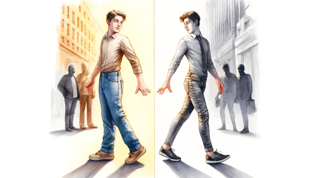 Visual representation contrasting tapered fit garments with skinny jeans. The painting showcases two figures: one enjoying the comfort and mobility of tapered fit pants in various settings, and the other struggling with the restrictive nature of skinny jeans. This image captures both the style and practicality of tapered fits, making it clear why they are preferred for both casual and formal occasions.