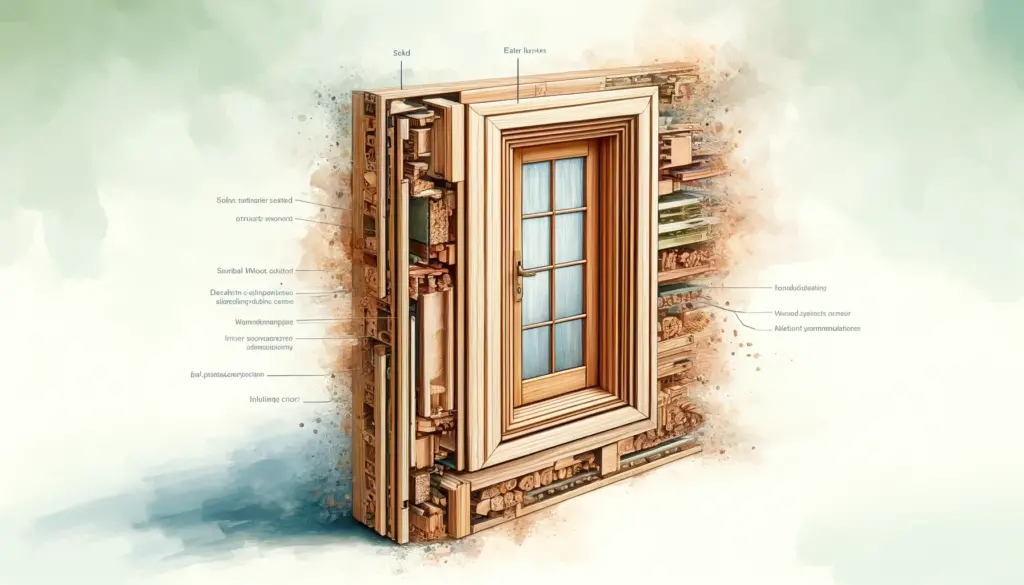 This painting artistically dissects a composite door to reveal its inner workings, focusing on the high-density core that grants the door its remarkable strength, soundproofing, and insulation. The layered composition, with the wood-plastic composite (WPC) core at its heart, is depicted through a blend of natural and synthetic tones, capturing both the organic and engineered essence of the door's construction.
