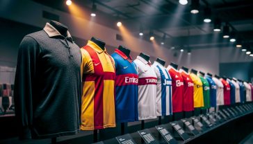 A hyper-realistic photograph showing a chronological line-up of football kits on mannequins, starting with a heavy, dark woollen Victorian-era shirt and ending with a sleek, brightly coloured modern 2025 Premier League kit. The background is a slightly blurred, atmospheric museum setting with warm spotlights. The composition moves from left to right, showcasing the evolution in fabric, cut, and design. A sense of British heritage and sporting history.