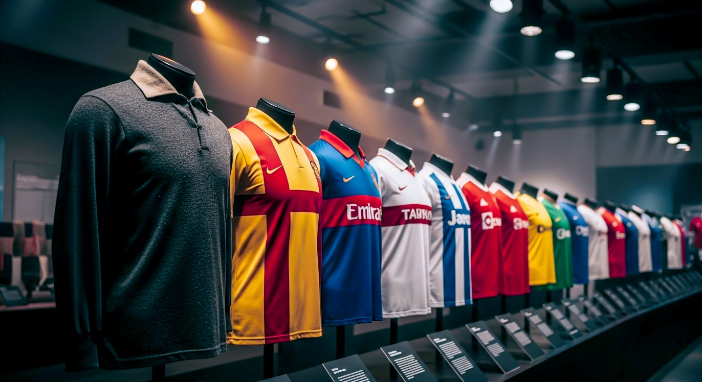 A hyper-realistic photograph showing a chronological line-up of football kits on mannequins, starting with a heavy, dark woollen Victorian-era shirt and ending with a sleek, brightly coloured modern 2025 Premier League kit. The background is a slightly blurred, atmospheric museum setting with warm spotlights. The composition moves from left to right, showcasing the evolution in fabric, cut, and design. A sense of British heritage and sporting history.