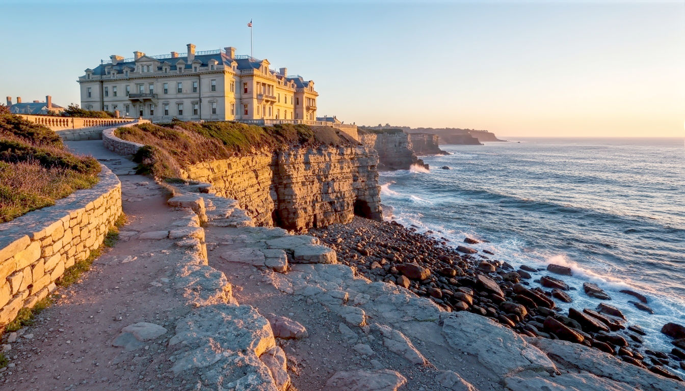 A hyper-realistic, professional photograph in the style of a historical documentary still. The image captures a dramatic, wide-angle view of the Newport Cliff Walk at sunrise. In the foreground, the rugged, rocky path is visible, while in the midground, the opulent facade of The Breakers mansion is bathed in the soft, golden light of dawn. The Atlantic Ocean is visible behind the mansion, with gentle waves crashing against the cliffs. The mood is one of grand history, natural beauty, and quiet contemplation, evoking the contrast between Rhode Island's Gilded Age wealth and its enduring maritime spirit.
