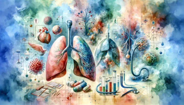 Here's a wide-aspect watercolour painting that embodies the essence of thoracic medicine, weaving together elements of the human respiratory system and the diseases it combats, such as asthma, pneumonia, lung cancer, and cystic fibrosis. The artistic rendition balances clinical insights with a hopeful undertone, presented through the lens of watercolour's soft textures and a color palette that breathes life into the intricate field of thoracic healthcare.