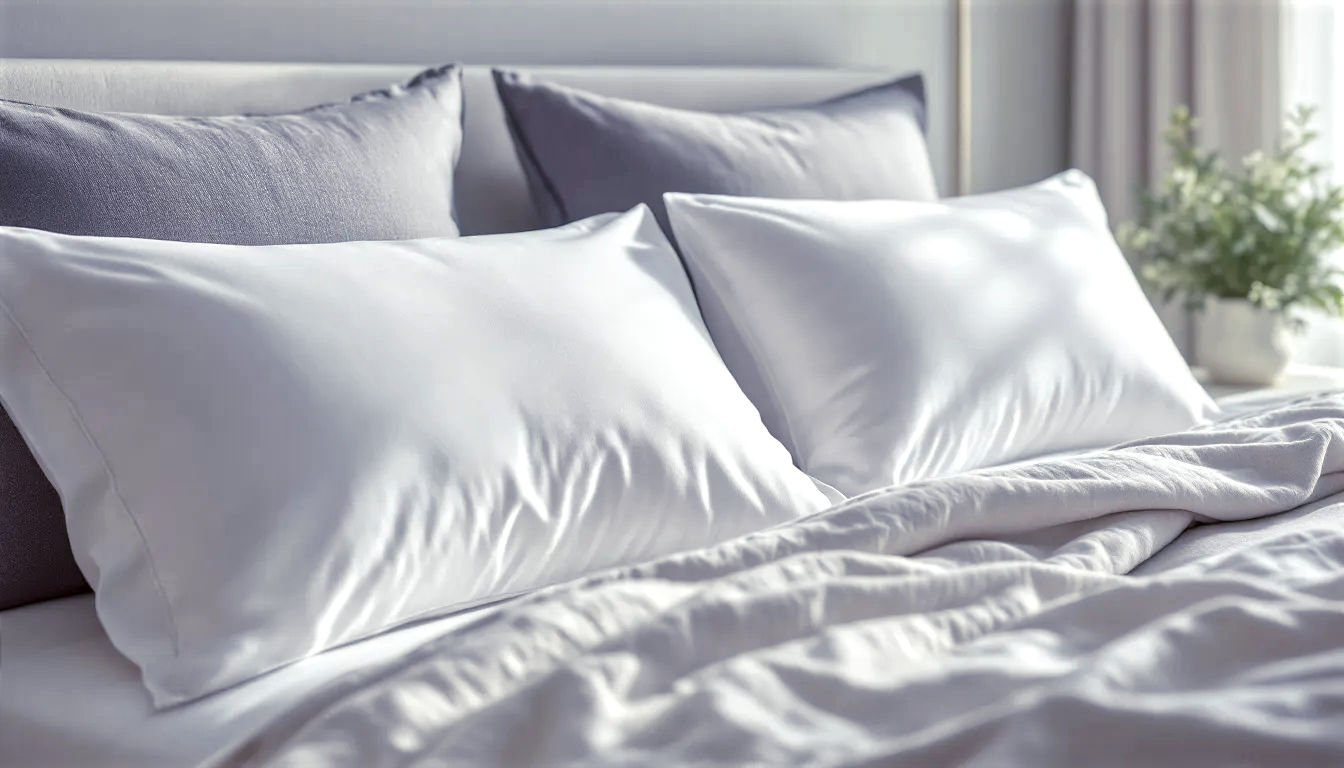 A hyper-realistic, professional photograph in the style of a modern home décor magazine. The shot is a close-up of a beautifully made bed in a serene, contemporary British bedroom. Two perfectly plumped Standard pillows with crisp, white Oxford pillowcases are placed in front of two larger, grey, linen-covered Square pillows. The lighting is soft and natural, coming from a nearby window, creating a calm and inviting mood. The focus is sharp on the texture of the high-quality cotton bedding, evoking a sense of comfort, luxury, and the perfect night's sleep.