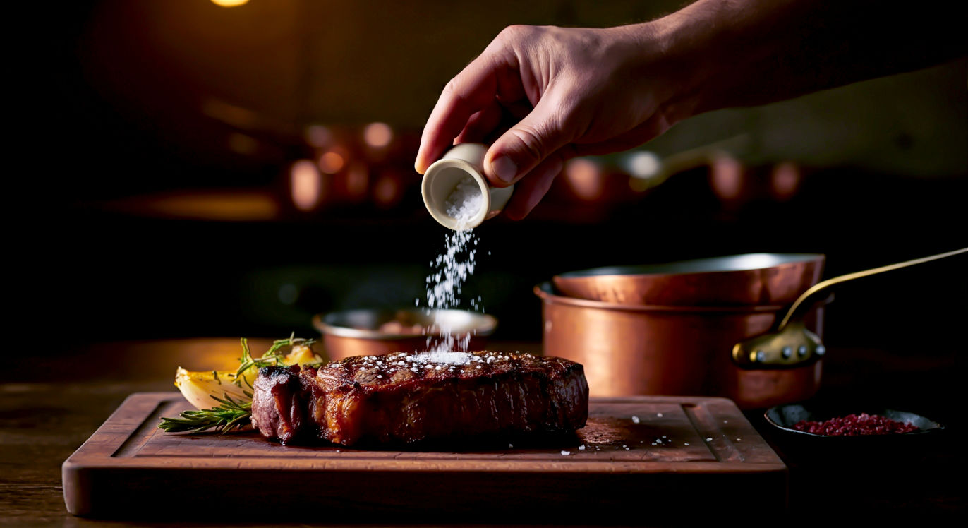 A hyper-realistic, professional food photograph with a rustic, modern kitchen aesthetic. A chef's hand, lightly calloused, is captured mid-motion, pinching a cascade of coarse, glistening kosher salt from a small ceramic pot onto a perfectly seared steak resting on a wooden board. The background is softly blurred, showing hints of a tidy kitchen with copper pans. The lighting is warm and dramatic, highlighting the texture of the salt crystals and the rich colours of the meat. The mood is expert, confident, and delicious.