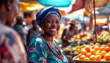 A hyper-realistic, professional photograph in the style of a National Geographic feature. The image captures a vibrant, sun-drenched scene at the Mbare Musika market in Harare, Zimbabwe. In the foreground, a friendly, middle-aged Zimbabwean woman with a warm, engaging smile is seen mid-conversation with a customer. She is surrounded by colourful stalls of fresh produce. The composition is a medium shot, focusing on the expressive interaction between people, suggesting the lively exchange of language. The lighting is bright and natural, highlighting the textures of the market and the rich skin tones of the people. The mood is authentic, warm, and bustling, evoking a sense of community and the everyday use of language in Zimbabwe.