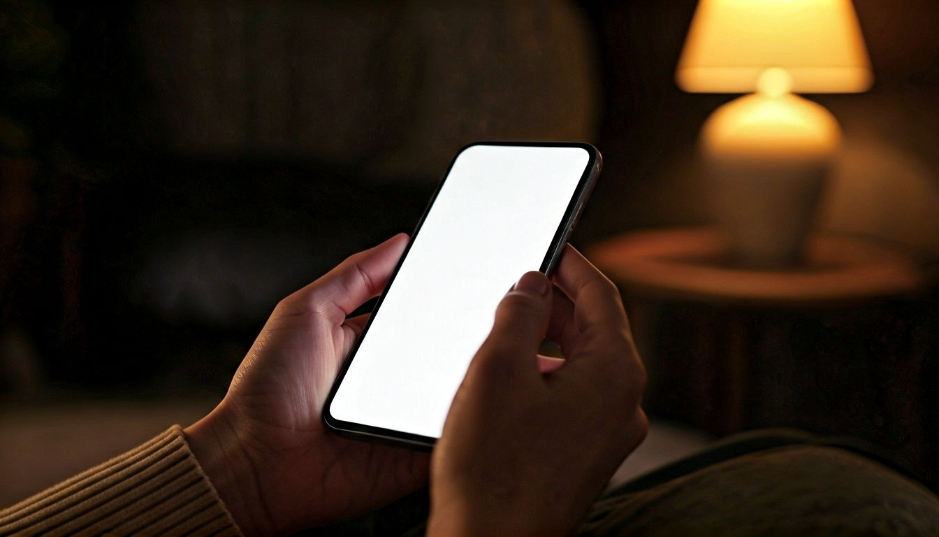 A hyper-realistic, professional photograph showing a person's hands holding an iPhone in a cosy, warmly lit living room in the evening. The room has a soft, inviting ambiance with a lamp casting a golden glow. The iPhone's screen is clearly visible and is displaying a crisp, clean article with a white background that has been subtly warmed by True Tone to perfectly match the room's lighting, looking natural and paper-like. The composition is a close-up, focusing on the screen's perfect integration into the environment, with a shallow depth of field that blurs the background slightly. The mood is calm, comfortable, and technologically sophisticated, highlighting the seamlessness of the feature.