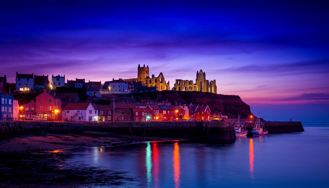 A hyper-realistic, professional photograph capturing the dramatic essence of Whitby. The view is from the West Cliff at twilight, looking across the harbour towards the East Cliff. The ancient ruins of Whitby Abbey are silhouetted against a deep blue and purple sky with hints of sunset orange. The windows of the old town's red-roofed houses are beginning to glow with warm, inviting light. St. Mary's Church is visible beside the Abbey. The harbour is calm, reflecting the lights, with a few traditional fishing boats moored. The mood is atmospheric, historic, and slightly mysterious, in the style of a National Geographic travel feature.
