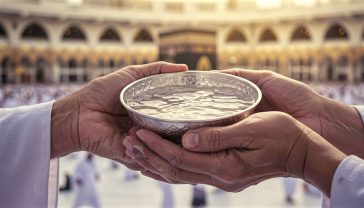 A hyper-realistic, professional photograph capturing the essence of Zamzam water. The image shows the hands of an elderly person with gentle wrinkles, cupping a traditional, simple silver bowl filled with crystal-clear water. The water has a subtle, almost imperceptible glow. In the soft-focus background, the golden light and indistinct architectural arches of the Grand Mosque in Mecca are visible. The lighting is warm and reverent, creating a mood of profound peace, faith, and history. The style should be evocative of a high-end National Geographic feature, focusing on human connection and sacred tradition.