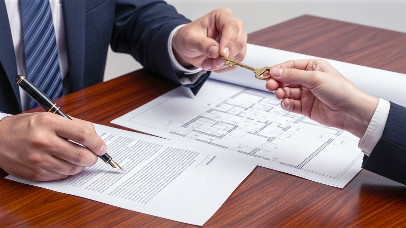 A hyper-realistic, professional photograph showing three sets of hands over a modern architectural blueprint on a dark oak desk. One set of hands (the contractor) is signing a formal document labelled "Collateral Warranty" with a fountain pen. Another set (the funder) is passing a small, symbolic brass key to the third set (the new owner). The lighting is bright and clean, studio-quality, conveying trust, security, and professionalism. The mood is one of a successful, secure transaction in the British property sector.