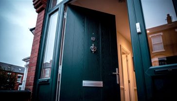 A hyper-realistic, professional photograph capturing the quality and detail of a British front door. The subject is a newly installed, dark racing-green composite door with a subtle woodgrain texture. The door is slightly ajar, revealing a tantalising glimpse of a warm, welcoming hallway inside a classic red-brick Victorian terraced house. The door features elegant, brushed chrome hardware: a stylish letterbox and a classic 'doctor's' door knocker. The lighting is soft, overcast daylight, typical of the UK, which highlights the door's rich colour and texture without harsh shadows. The composition is a three-quarter angle shot, showcasing the thickness and solidity of the door. The mood is secure, premium, and quintessentially British.