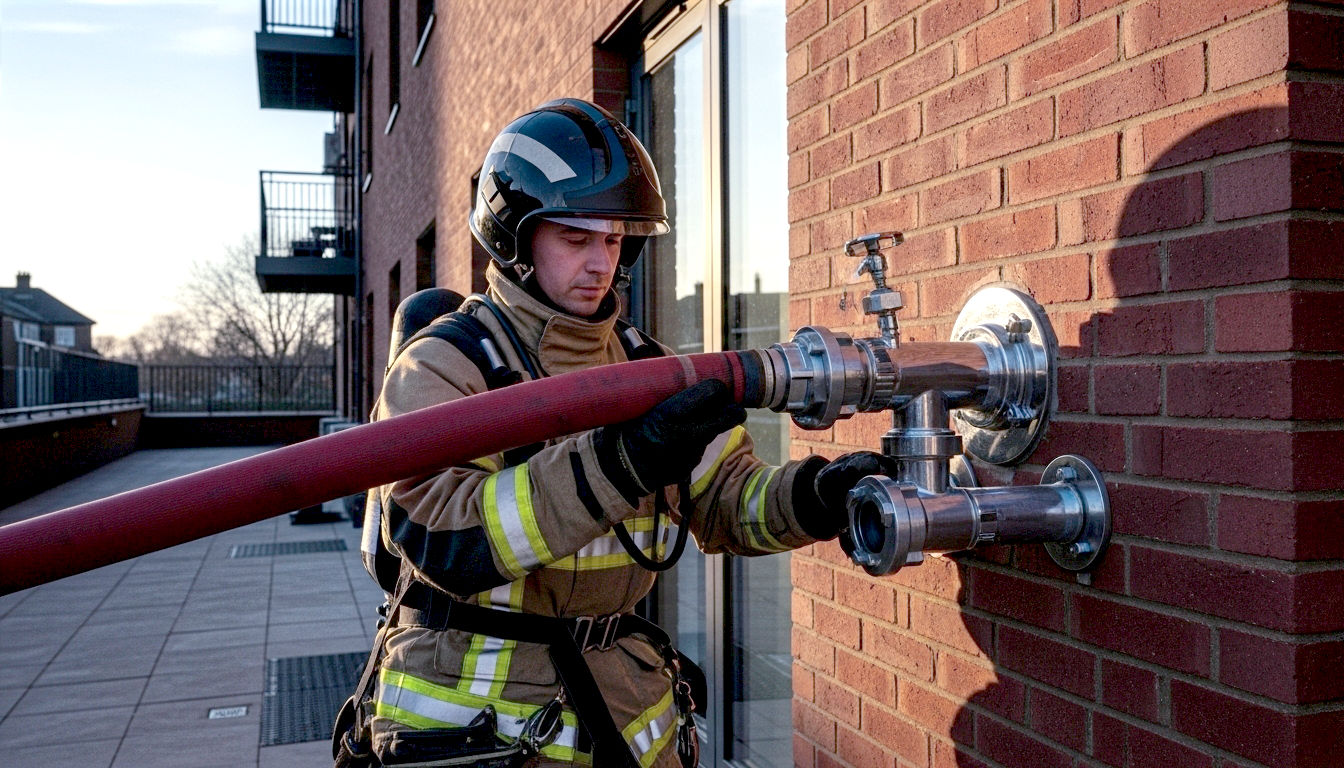 A hyper-realistic, professional photograph showing a British firefighter in full gear connecting a large red hose to the polished chrome inlet of a dry riser system on the exterior brick wall of a modern London apartment block. The lighting is dramatic, late-afternoon sun casting long shadows, highlighting the urgency and professionalism of the scene. The mood is serious but reassuring, emphasising safety and preparedness.