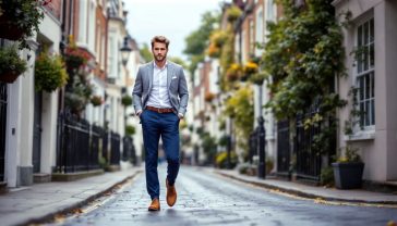 A hyper-realistic, professional photograph in the style of a modern British menswear editorial. A stylish man in his late 20s is walking down a charming, cobbled street in Notting Hill, London. He is wearing a pair of perfectly fitting navy blue tapered chinos, a crisp white Oxford shirt, and brown suede desert boots. The lighting is soft and natural, suggesting a bright but overcast British day. The composition is a medium full-length shot, capturing the man from the chest down to showcase how the trousers fit and interact with his shoes. The mood is confident, relaxed, and effortlessly stylish.