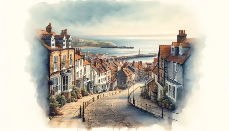 Here's the watercolour painting depicting Whitby, capturing its cobblestone streets, the vast expanse of the North Sea, and the town's timeless charm. This artwork embodies the enduring allure that has captured the hearts of many through generations.