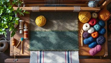 A hyper-realistic, professional photograph in the style of a beautifully lit craft magazine feature. The image captures a close-up, top-down view of a traditional wooden handloom. On the loom is a partially woven piece of classic herringbone tweed in earthy greens and browns. To the side, several shuttles and bobbins of colourful wool yarn are artfully arranged. The lighting is soft and natural, coming from a nearby window, highlighting the rich texture of the wool and the grain of the wood. The mood is one of timeless British craftsmanship, heritage, and quiet dedication.