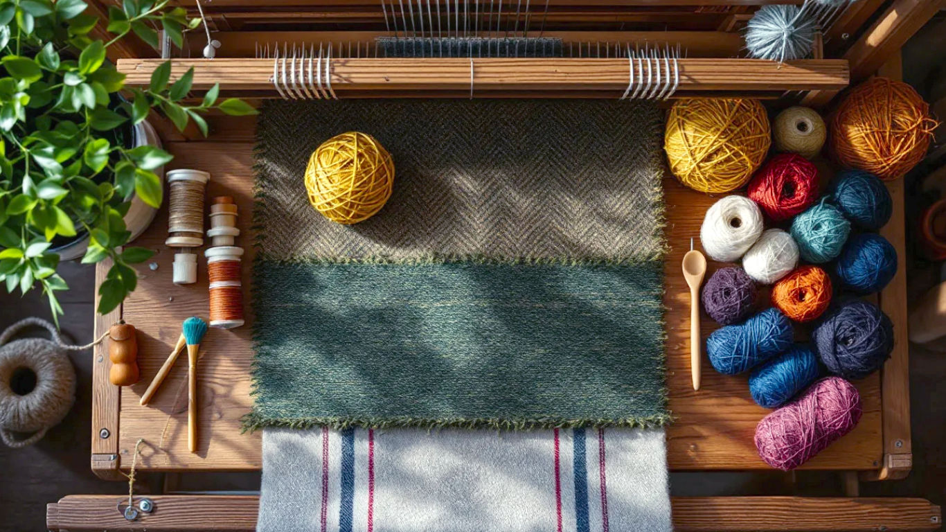 A hyper-realistic, professional photograph in the style of a beautifully lit craft magazine feature. The image captures a close-up, top-down view of a traditional wooden handloom. On the loom is a partially woven piece of classic herringbone tweed in earthy greens and browns. To the side, several shuttles and bobbins of colourful wool yarn are artfully arranged. The lighting is soft and natural, coming from a nearby window, highlighting the rich texture of the wool and the grain of the wood. The mood is one of timeless British craftsmanship, heritage, and quiet dedication.