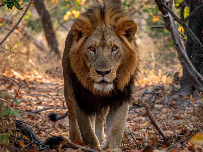 Zimbabwe 1 | what language is spoken in zimbabwe? | A lion walks through woodland towards the camera, looking directly at the viewer.