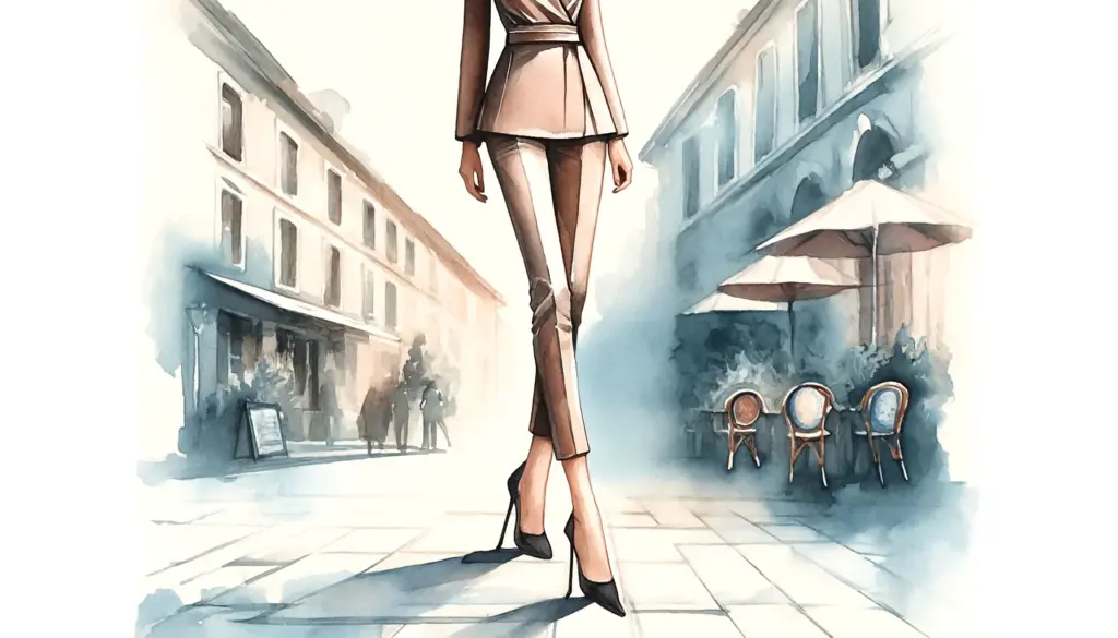 This image depicts a watercolour painting of a stylish figure walking on a quaint cobblestone street. The person is dressed in a tapered fit garment that narrows gracefully at the bottom, creating an illusion of elongated legs. The background features soft, blurred watercolour washes, subtly hinting at a chic café and a fashionable urban setting. The painting emphasises the sleek silhouette of the clothing and the dynamic movement of the figure, capturing a sense of balance and harmony.