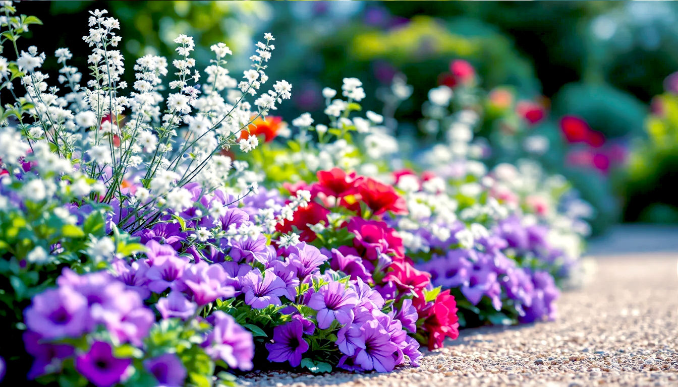 A hyper-realistic, professional photograph in the style of a Gardeners' World magazine feature. The image captures a lush, quintessential British garden border in early summer under soft, bright morning light. In the foreground, a vibrant purple Geranium 'Rozanne' spills elegantly onto a gravel path. Just behind it, the delicate white flowers of a Gaura lindheimeri 'Whirling Butterflies' dance on their wiry stems. In the mid-ground, a striking scarlet Geum 'Mrs J. Bradshaw' provides a pop of intense colour. The background is softly blurred, hinting at the rich greenery of a well-tended garden. The overall mood is peaceful, beautiful, and inspiring, with a natural, unposed composition and a shallow depth of field.