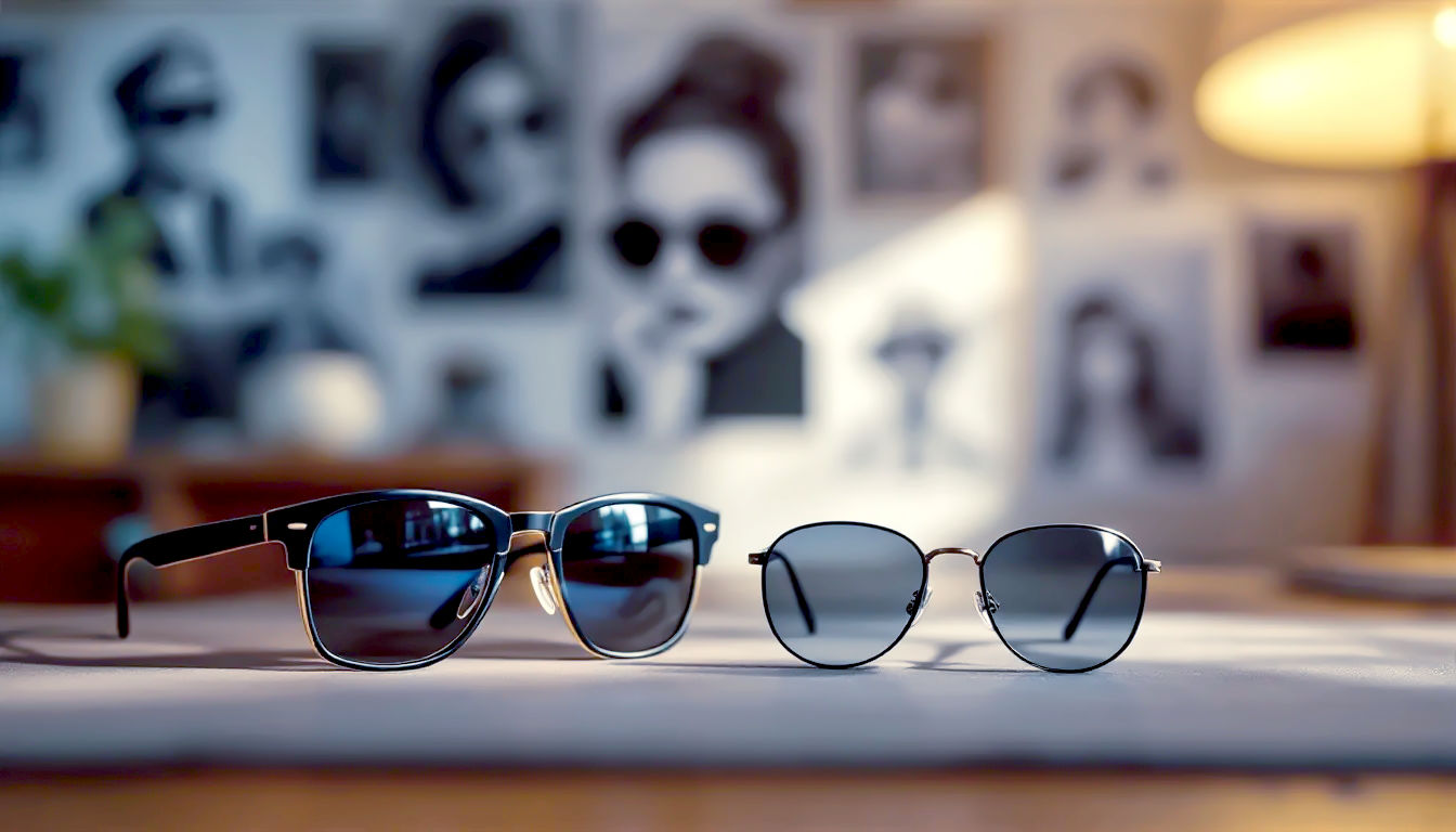 A hyper-realistic, professional photograph capturing the evolution of sunglasses. In the foreground, a classic pair of 1950s Ray-Ban Wayfarers rests on a vintage wooden table next to a modern, sleek pair of smart glasses. In the soft-focus background, a collage of iconic black-and-white images hints at the history: a pilot wearing Aviators, Audrey Hepburn in her famous oversized frames, and John Lennon with his round teashades. The lighting is warm and reminiscent of a museum exhibit, with a sophisticated, slightly nostalgic mood. The composition is clean and elegant, evoking a sense of timeless British style.