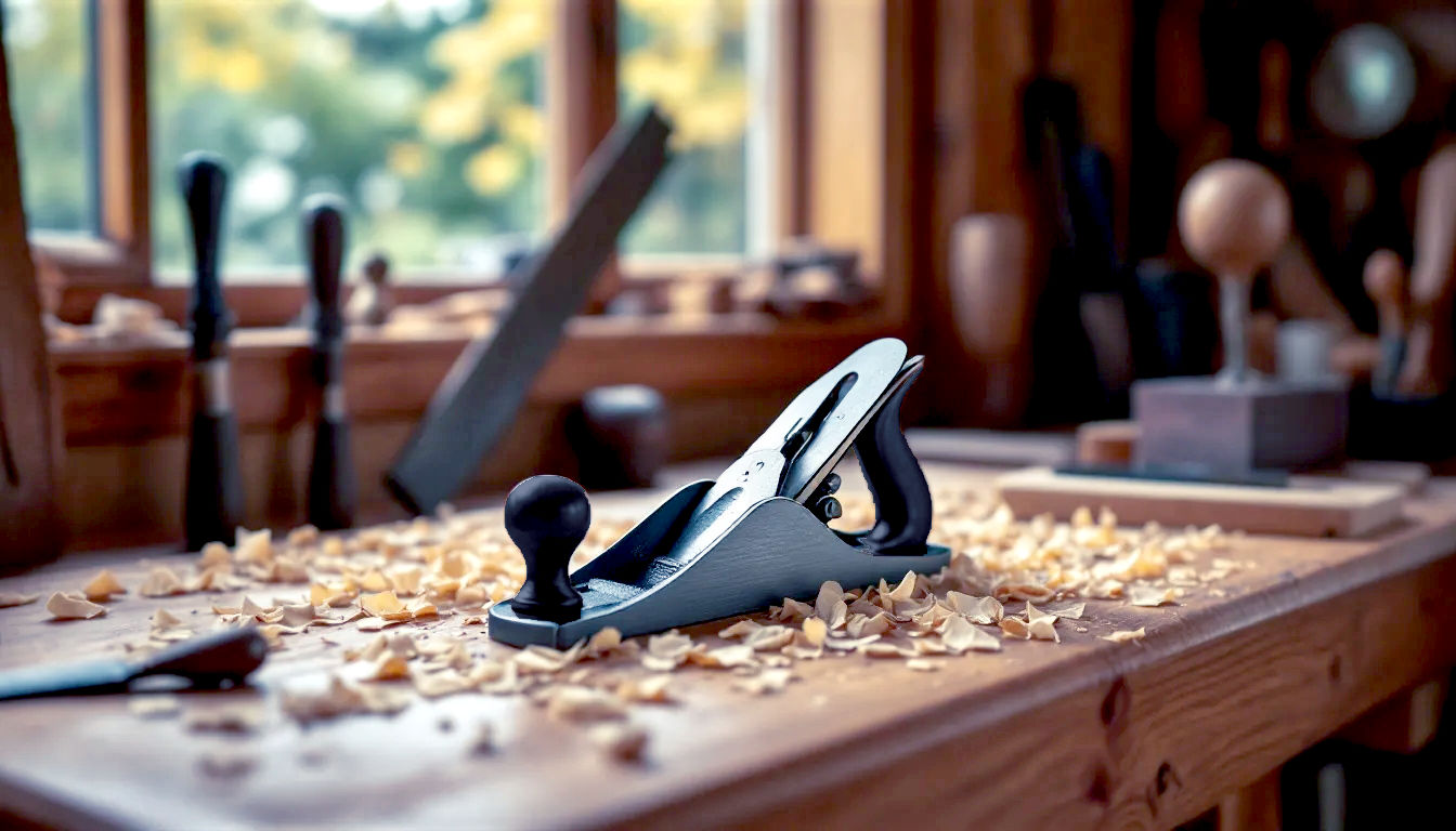 A hyper-realistic, professional photograph in a rustic British workshop setting. The Amazon Basics No. 4 hand plane sits proudly in the centre of a sturdy oak workbench, surrounded by delicate, translucent wood shavings. In the background, other traditional tools like chisels and a tenon saw are neatly arranged. The lighting is warm and inviting, coming from a low-angled window, highlighting the texture of the wood and the metal of the plane. The mood is one of quiet craftsmanship and potential.