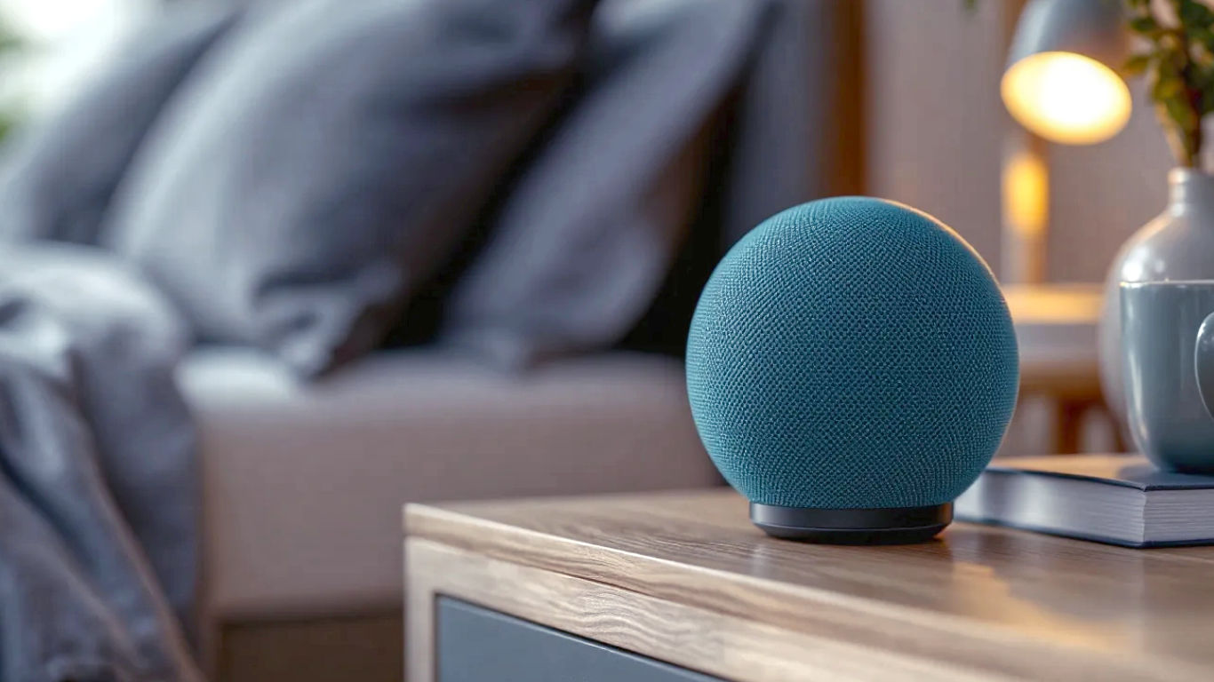 A hyper-realistic, professional product photograph in the style of a modern tech blog feature. The subject is the globe-style speaker in Midnight Teal, placed on a light oak bedside table in a contemporary British bedroom. Next to it sits a stylish ceramic mug of tea and a paperback book. The background is slightly out of focus, showing a neatly made bed with grey linen and a soft, warm lamp casting a gentle glow. The composition is clean and minimalist, with a cool, natural lighting that highlights the speaker's texture and colour. The overall mood is calm, modern, and aspirational.