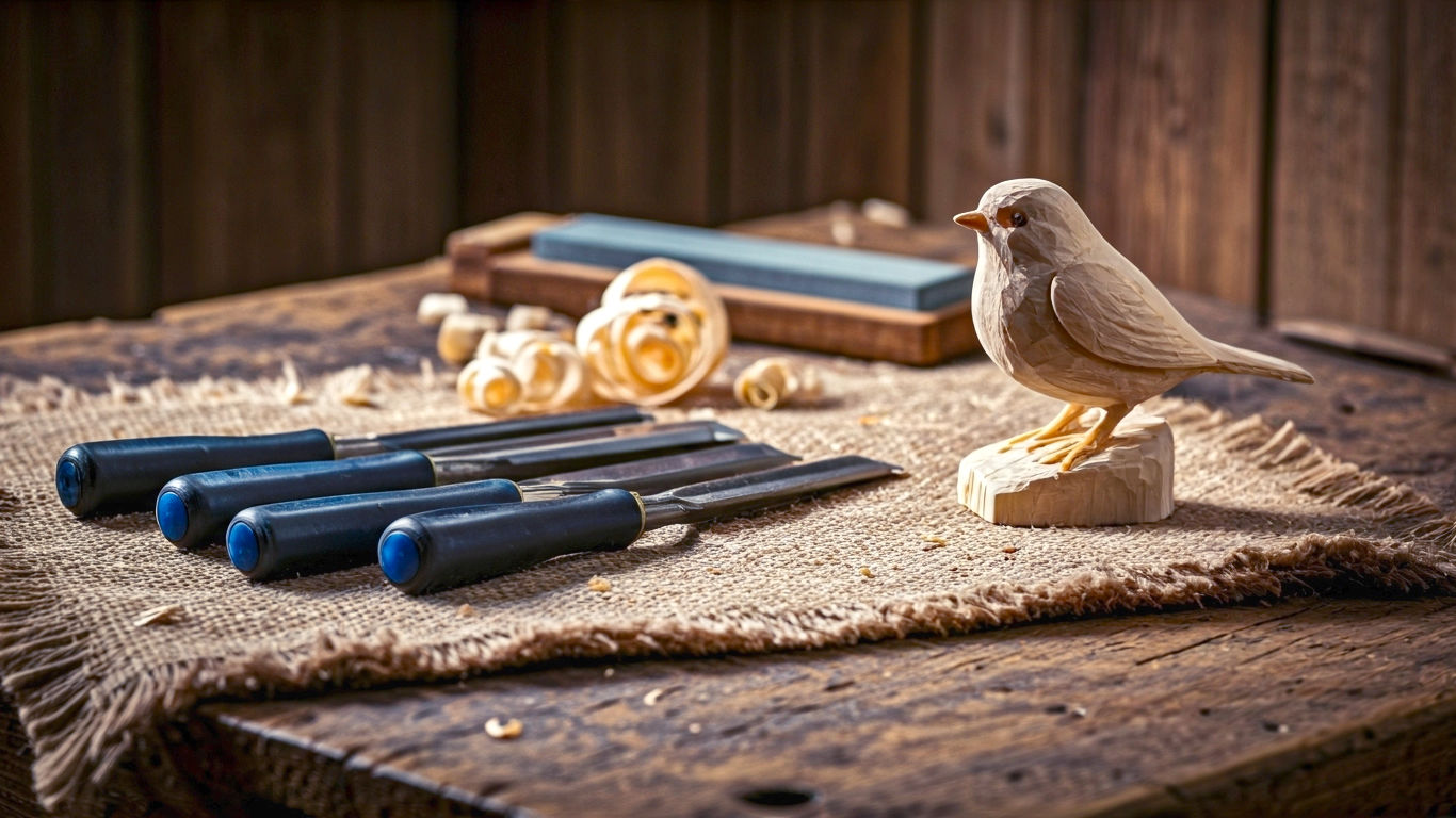 A hyper-realistic, professional photograph in the style of a crafting magazine. The scene is a rustic British workshop with warm, natural light coming from a side window. On a worn wooden workbench, the 8 AmazonBasics chisels are neatly laid out on a piece of burlap. They feature black and blue plastic handles. Next to them is a half-finished carving of a robin in a block of pale lime wood, with delicate wood shavings scattered around. In the background, a sharpening stone and a leather strop are visible, slightly out of focus. The mood is authentic, inspiring, and focused on the quiet satisfaction of craftsmanship.