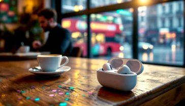 Hyper-realistic, professional product photograph. A sleek pair of Apple AirPods 4 with the new USB-C charging case rests on a rustic wooden table in a cosy, modern British café. In the soft-focus background, a person sips a flat white, and through the window, the iconic red of a London bus is subtly visible on a rain-streaked street. The lighting is soft and warm, evoking a sense of everyday luxury and seamless technology in a familiar UK setting. Style of a high-end tech magazine like Wired UK.