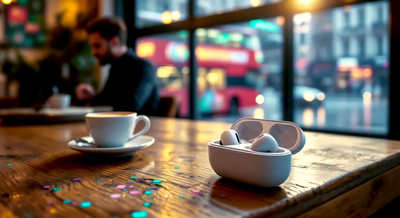Hyper-realistic, professional product photograph. A sleek pair of Apple AirPods 4 with the new USB-C charging case rests on a rustic wooden table in a cosy, modern British café. In the soft-focus background, a person sips a flat white, and through the window, the iconic red of a London bus is subtly visible on a rain-streaked street. The lighting is soft and warm, evoking a sense of everyday luxury and seamless technology in a familiar UK setting. Style of a high-end tech magazine like Wired UK.