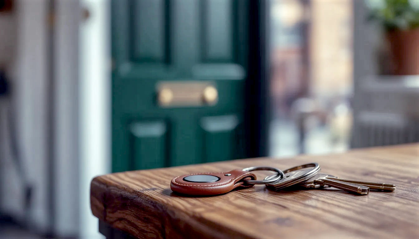 A hyper-realistic, professional product photograph showing a single Apple AirTag in a classic brown leather keyring, attached to a set of house keys. The keys are resting on the edge of a rustic wooden hall table. In the slightly out-of-focus background, a quintessentially British scene is visible through an open doorway: a dark green front door and a drizzly, atmospheric street. The lighting is soft and natural, coming from a nearby window, creating a cosy and reliable mood.