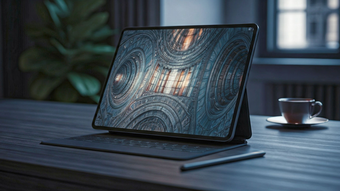 A hyper-realistic, professional product photograph in the style of a Wallpaper* magazine feature. The new 13-inch iPad Pro in Space Black is shown at a slight angle on a minimalist dark oak desk in a modern London apartment. Soft, natural light from a large window illuminates the device, highlighting its incredible thinness and the vibrant colours of a complex architectural design on its Ultra Retina XDR screen. The new Apple Pencil Pro rests beside it, and a stylish cup of tea sits slightly out of focus in the background. The mood is sophisticated, professional, and aspirational.