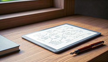 A hyper-realistic, professional product photograph in the style of a tech magazine like 'Wired' or 'Stuff'. The shot features the BOOX Go 10.3 light grey ePaper tablet resting on a rustic oak desk next to a classic Moleskine notebook and a fountain pen, creating a bridge between analogue and digital. The tablet's screen displays a beautifully handwritten mind map. Soft, natural light streams in from a nearby window, highlighting the device's incredible thinness and the paper-like texture of the screen. The mood is calm, focused, and intellectual, with a distinctly British feel.