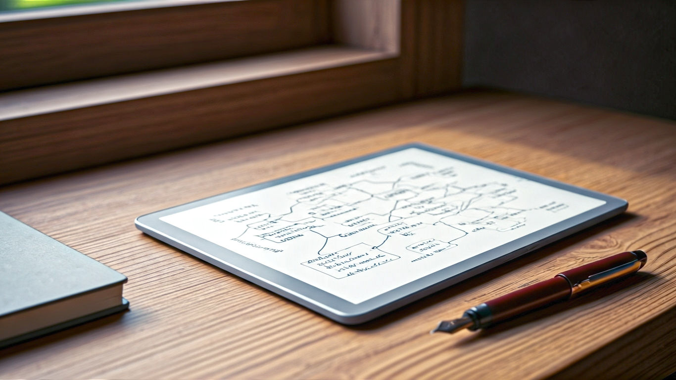 A hyper-realistic, professional product photograph in the style of a tech magazine like 'Wired' or 'Stuff'. The shot features the BOOX Go 10.3 light grey ePaper tablet resting on a rustic oak desk next to a classic Moleskine notebook and a fountain pen, creating a bridge between analogue and digital. The tablet's screen displays a beautifully handwritten mind map. Soft, natural light streams in from a nearby window, highlighting the device's incredible thinness and the paper-like texture of the screen. The mood is calm, focused, and intellectual, with a distinctly British feel.