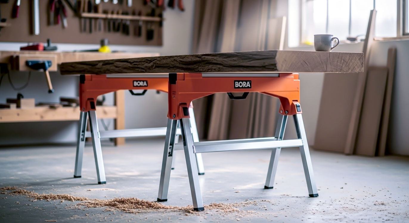 A hyper-realistic, professional photograph in the style of a workshop feature for a UK magazine. A pair of orange-body, silver legs, BORA Workhorse sawhorses are set up on a slightly dusty concrete floor in a well-lit British workshop. A single large, heavy-looking slab of English oak rests solidly across them. Sawdust is scattered on the floor, and in the soft-focus background, you can see woodworking tools hanging on a wall and a mug of tea sitting on a nearby bench. The lighting is bright but natural, coming from a large window, creating a mood of sturdy reliability and craftsmanship.