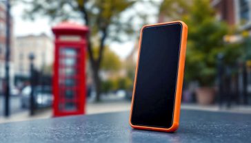 A hyper-realistic, professional product photograph of the CMF Phone 1 in the vibrant Orange colour. The phone is placed at a slight angle on a cool, slate grey surface, with a classic London red postbox softly blurred in the background to give a distinct British feel. The phone's screen is on, displaying the minimalist, monochrome Nothing OS home screen. The lighting is soft and natural, as if from an overcast British sky, highlighting the phone's textured finish and unique corner dial. The mood is modern, stylish, and accessible.