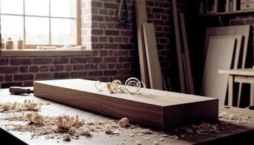 A hyper-realistic, professional photograph in the style of a high-end woodworking magazine. The shot is taken in a classic British workshop, with exposed brick walls and wooden beams. A piece of beautifully planed, smooth English oak sits on a workbench surrounded by woodshavings and sawdust. No tools are on the workbench. Soft, natural light streams in from a nearby window, highlighting the fine wood shavings curling up from the freshly planed surface. The mood is one of craftsmanship, precision, and quiet satisfaction. The composition is clean and focused.