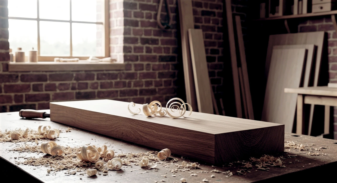 A hyper-realistic, professional photograph in the style of a high-end woodworking magazine. The shot is taken in a classic British workshop, with exposed brick walls and wooden beams. A piece of beautifully planed, smooth English oak sits on a workbench surrounded by woodshavings and sawdust. No tools are on the workbench. Soft, natural light streams in from a nearby window, highlighting the fine wood shavings curling up from the freshly planed surface. The mood is one of craftsmanship, precision, and quiet satisfaction. The composition is clean and focused.