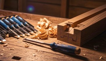 The 8-piece chisel set, with blue and black plastic handles is open on a rustic, weathered wooden workbench. A few chisels are laid out neatly next to a half-finished project, like a dovetail joint on a piece of English oak. Wood shavings are scattered artfully around. The mood is warm, inviting, and inspiring, with a shallow depth of field focusing on the crisp, sharp edge of one of the chisels, evoking a sense of quality, tradition, and hands-on craftsmanship.