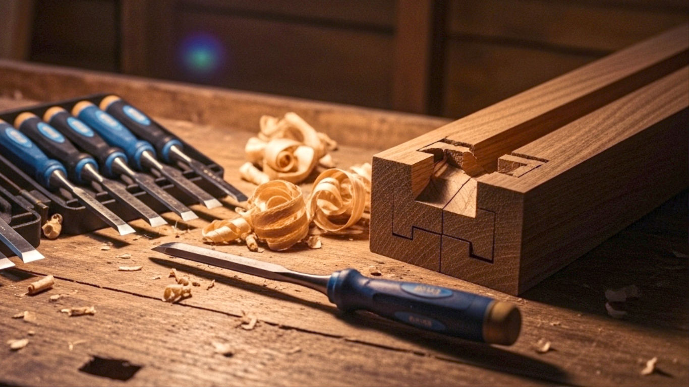 The 8-piece chisel set, with blue and black plastic handles is open on a rustic, weathered wooden workbench. A few chisels are laid out neatly next to a half-finished project, like a dovetail joint on a piece of English oak. Wood shavings are scattered artfully around. The mood is warm, inviting, and inspiring, with a shallow depth of field focusing on the crisp, sharp edge of one of the chisels, evoking a sense of quality, tradition, and hands-on craftsmanship.