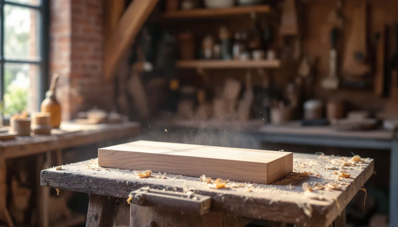 A hyper-realistic, professional photograph in the style of a high-end woodworking magazine. The shot is taken in a classic British workshop, with exposed brick walls and wooden beams. A piece of beautifully planed, smooth English oak sits on a workbench surrounded by woodshavings and sawdust. No tools are on the workbench. Soft, natural light streams in from a nearby window, highlighting the fine wood shavings curling up from the freshly planed surface. The mood is one of craftsmanship, precision, and quiet satisfaction. The composition is clean and focused.
