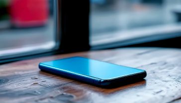 A hyper-realistic, professional product photograph of the Google Pixel 8a in the 'Bay' blue colour. The phone is resting at a slight angle on a rustic wooden table in a cosy British café. In the soft-focus background, a classic red postbox is visible through the window on a charming, slightly damp London street. The lighting is soft and natural, evoking a comfortable, everyday atmosphere. The overall mood is authentic, sophisticated, and distinctly British.