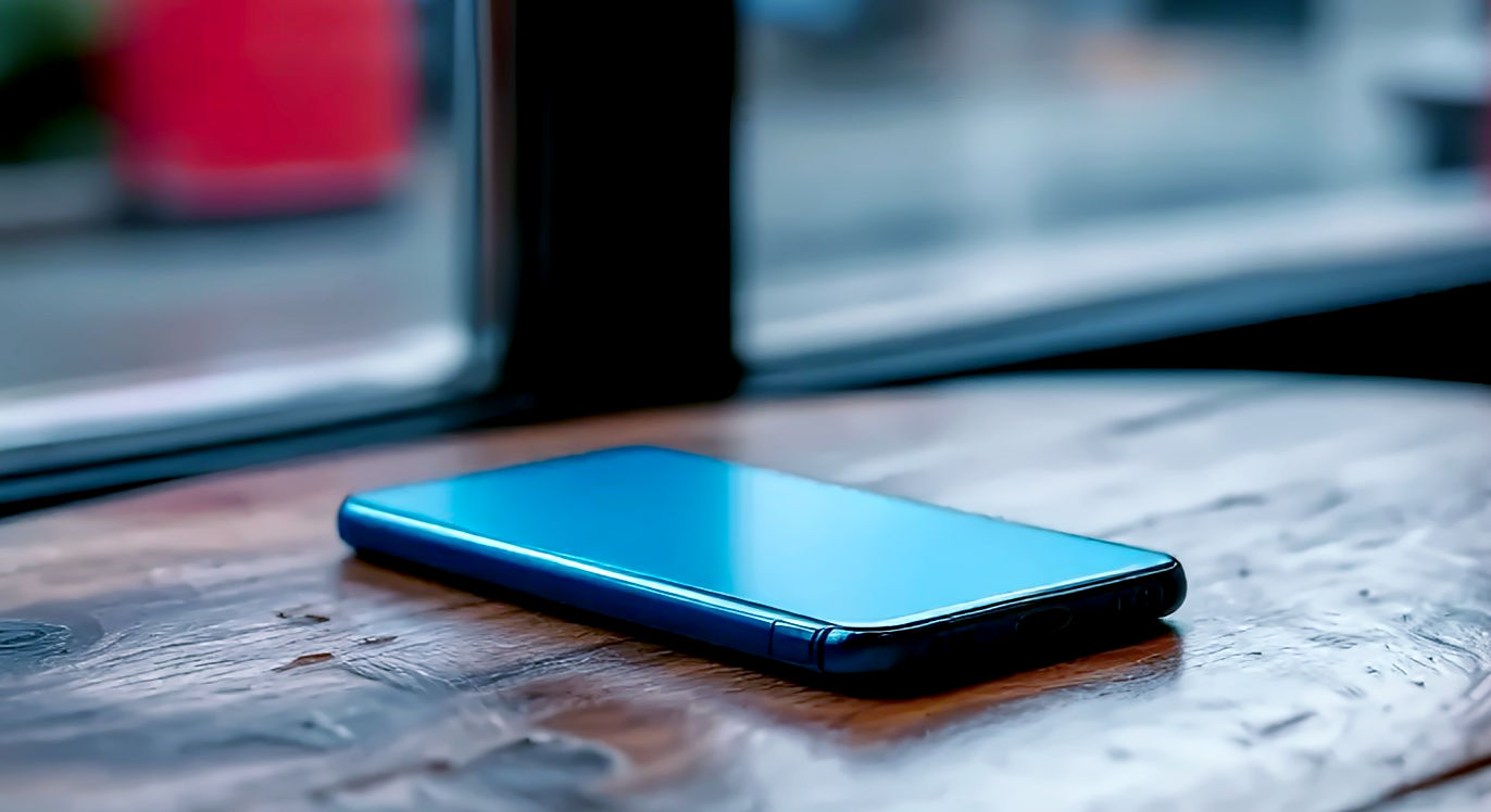 A hyper-realistic, professional product photograph of the Google Pixel 8a in the 'Bay' blue colour. The phone is resting at a slight angle on a rustic wooden table in a cosy British café. In the soft-focus background, a classic red postbox is visible through the window on a charming, slightly damp London street. The lighting is soft and natural, evoking a comfortable, everyday atmosphere. The overall mood is authentic, sophisticated, and distinctly British.