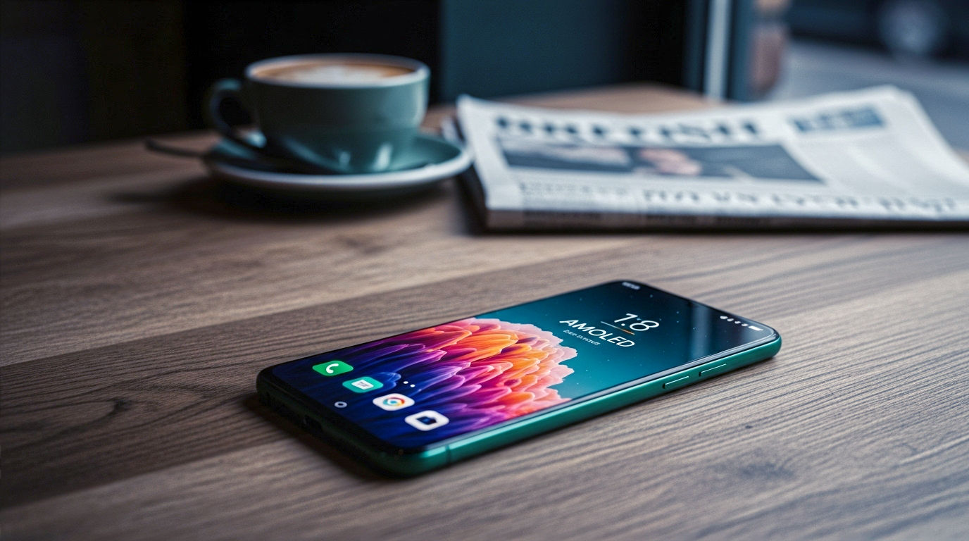 A hyper-realistic, professional product photograph of the HONOR 90 smartphone in Emerald Green, placed elegantly on a rustic wooden table in a stylish London coffee shop. The phone's screen should be on, displaying a vibrant, colourful image to showcase the AMOLED display quality. In the soft-focus background, a cup of artisan coffee and a copy of The Guardian newspaper are visible, creating a sophisticated, everyday British lifestyle feel. The lighting should be soft and natural, coming from a nearby window, with a slightly moody, cinematic quality.
