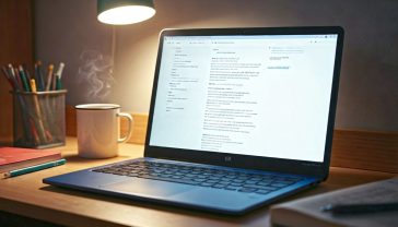 A hyper-realistic, professional photograph of the indigo blue HP Stream 14 laptop on a messy but tidy wooden student desk in a British university dorm room. On the screen is a half-written Word document. Next to the laptop is a steaming mug of tea, a textbook, and some pens. Soft, natural light from a window illuminates the scene, creating a studious and cosy atmosphere. The style should be bright and optimistic, like a product lifestyle shot.