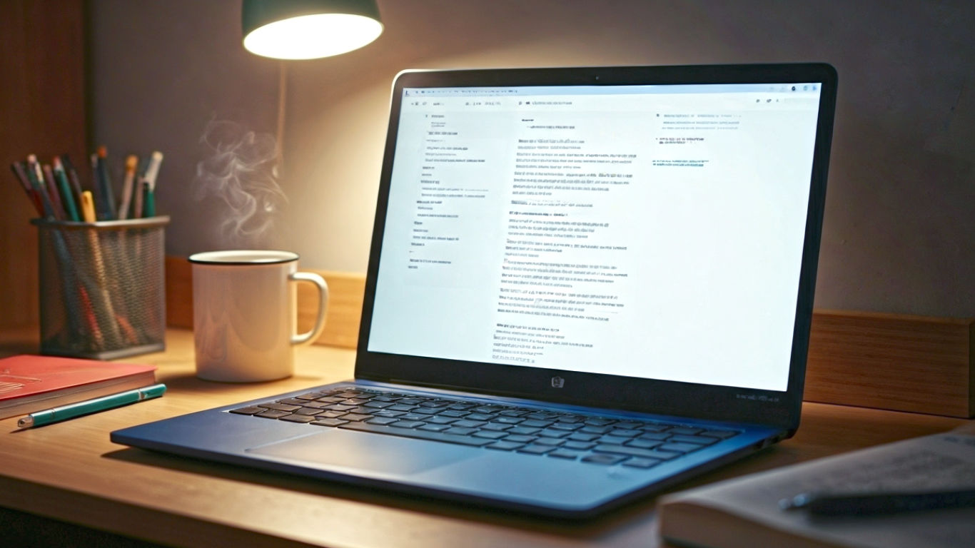 A hyper-realistic, professional photograph of the indigo blue HP Stream 14 laptop on a messy but tidy wooden student desk in a British university dorm room. On the screen is a half-written Word document. Next to the laptop is a steaming mug of tea, a textbook, and some pens. Soft, natural light from a window illuminates the scene, creating a studious and cosy atmosphere. The style should be bright and optimistic, like a product lifestyle shot.