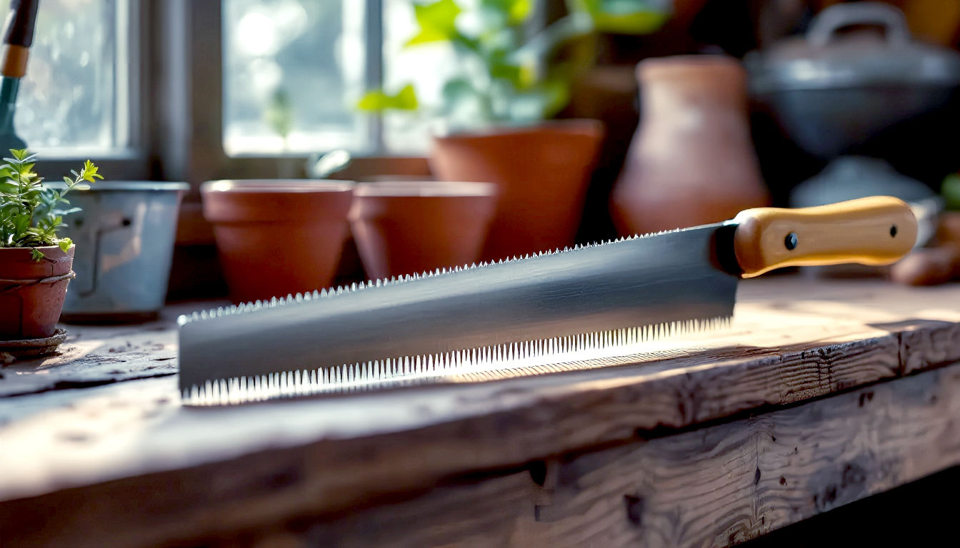 A hyper-realistic professional photograph of the Japanese handsaw resting on a weathered oak workbench in a classic British garden shed. Soft, natural light streams through a dusty window, illuminating the fine teeth of the blade and the grain of the beechwood handle. In the background, terracotta pots and neatly arranged gardening tools are visible. The mood is calm, authentic, and inspiring for a DIY enthusiast. Style of a Gardeners' World magazine feature.