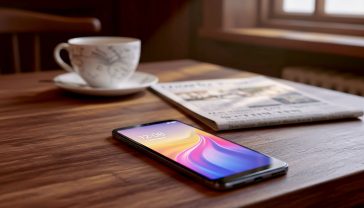 A hyper-realistic, professional product photograph of the Cyan Lake Honor 200 Lite. The phone is placed at a slight angle on a rustic wooden table in a cosy, well-lit British cafe. In the soft-focus background, a cup of tea and a copy of a British newspaper are visible. The lighting is soft and natural, coming from a nearby window, highlighting the phone's slim design and vibrant screen. The mood is warm, inviting, and quintessentially British.