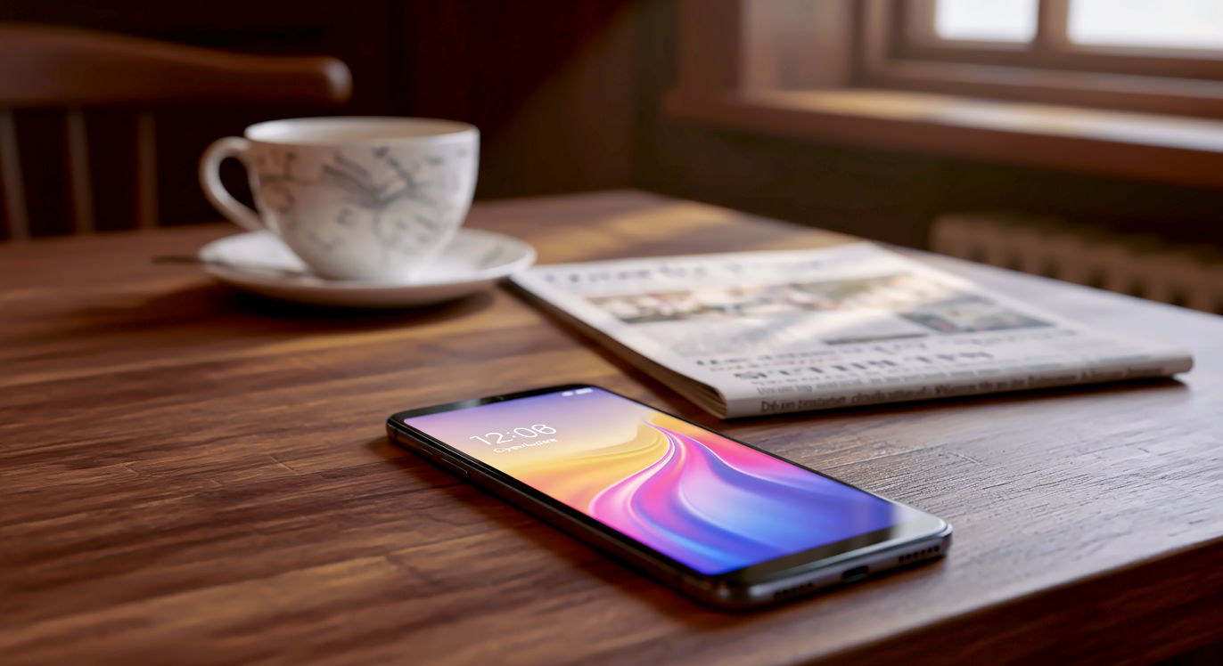 A hyper-realistic, professional product photograph of the Cyan Lake Honor 200 Lite. The phone is placed at a slight angle on a rustic wooden table in a cosy, well-lit British cafe. In the soft-focus background, a cup of tea and a copy of a British newspaper are visible. The lighting is soft and natural, coming from a nearby window, highlighting the phone's slim design and vibrant screen. The mood is warm, inviting, and quintessentially British.