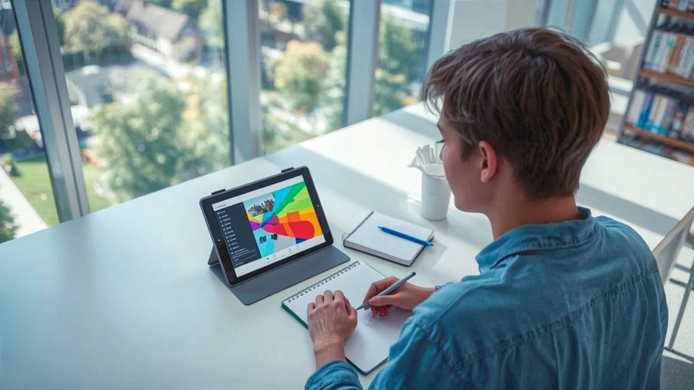A hyper-realistic, professional lifestyle photograph. A young adult is sitting in a bright, modern university library in the UK, with large windows showing a leafy campus. Their tablet pc is face-up on the desk, displaying a colourful lecture slide. The person is casually taking notes in a physical notepad beside it. The shot is a slightly high-angle, medium close-up, focusing on the tablet's vibrant screen. The lighting is soft and natural, creating a focused, aspirational mood. The style should be clean and sharp, like an official product marketing shot for a British audience.
